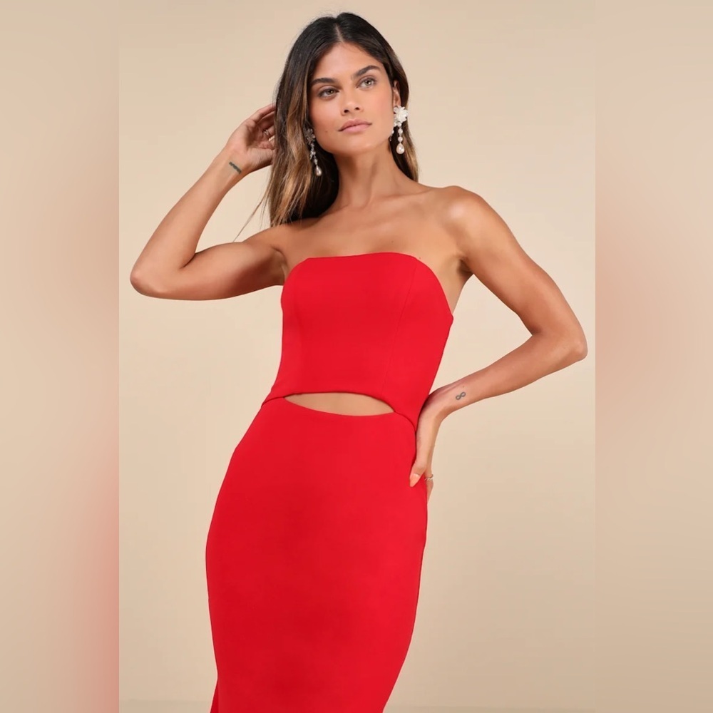 Lulus Gorgeous Existence Red Strapless Cutout High-Low Maxi Dress - Picture 3 of 8